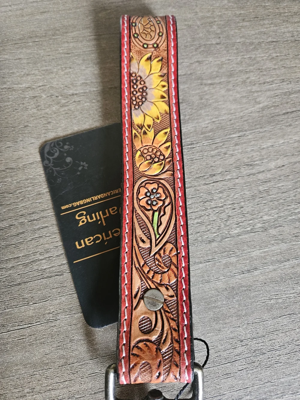 American Darling Red-Trim Tooled Leather Key Fob Wristlet with Concho-NWT